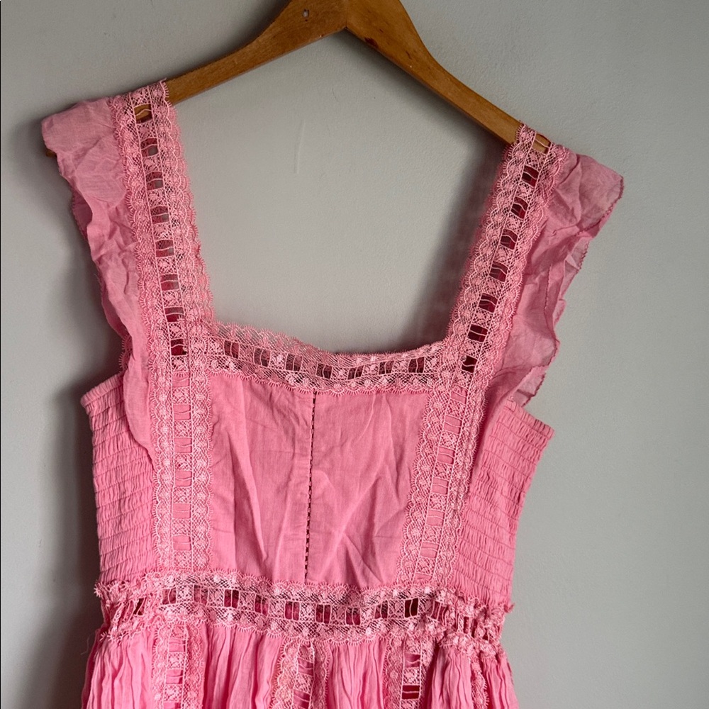 Free People Verona Lace Crochet, Cotton Mini Dress - Pink Medium - Picture 4 of 9